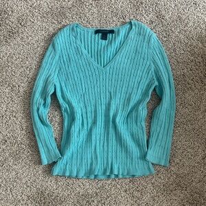 Turquoise V-Neck Cable Knit Sweater